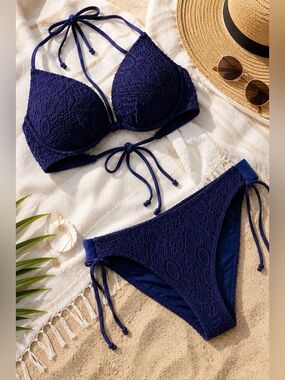 H&M Navy Crochet Bikini Set – 34B Top & Size 4 Bottoms